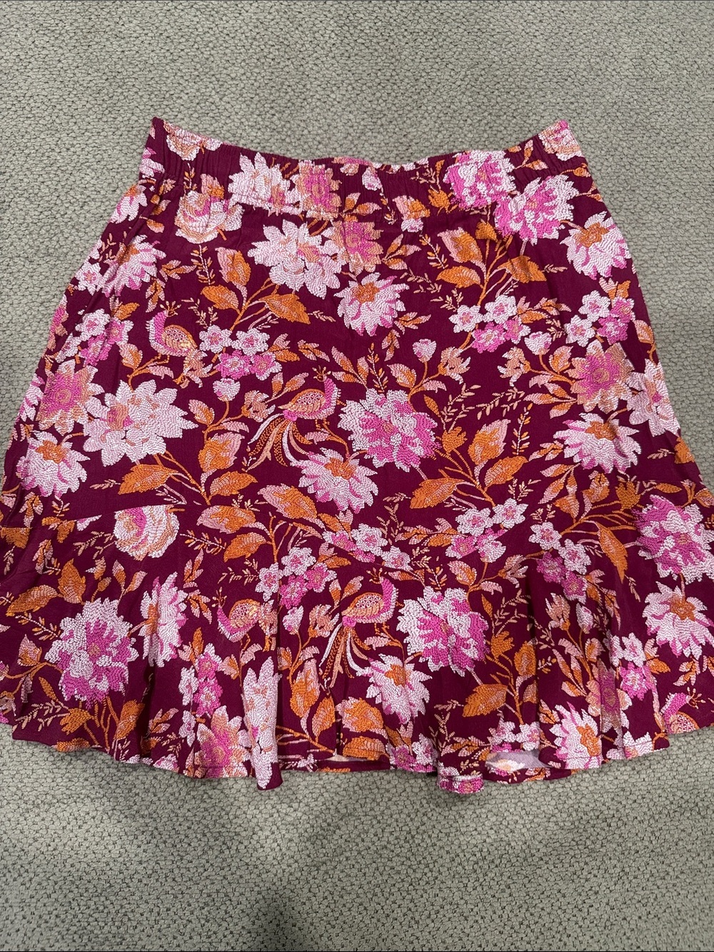 LOFT Floral Ruffle Hem Mini Skirt | Burgundy Pink | Size Small